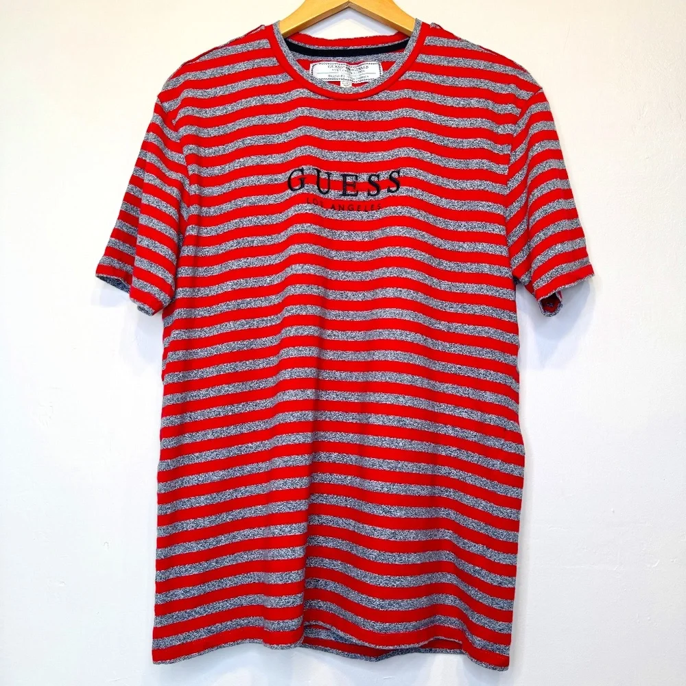 Guess Bold Stripes Embroidery Focal Point Short Sleeve Unisex Crewneck Tee Shirt - Picture 2 of 8